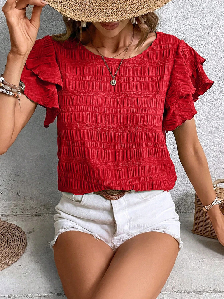 Women's short sleeve blouse with smocking effect and flounce sleeves Mune Fashion