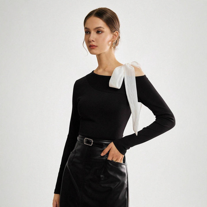 Women Asymmetric One-Shoulder Ribbed Top with Ribbon Strap Mune Fashion