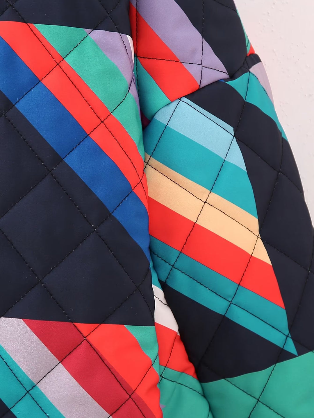 Women's Padded Kimono Jacket with Geometric Color Block Print and Open Front Mune Fashion