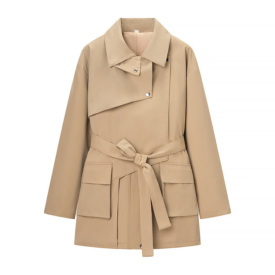 Women's Tailored Transition Jacket with Stand Collar, Shoulder Cape and Belt Mune Fashion