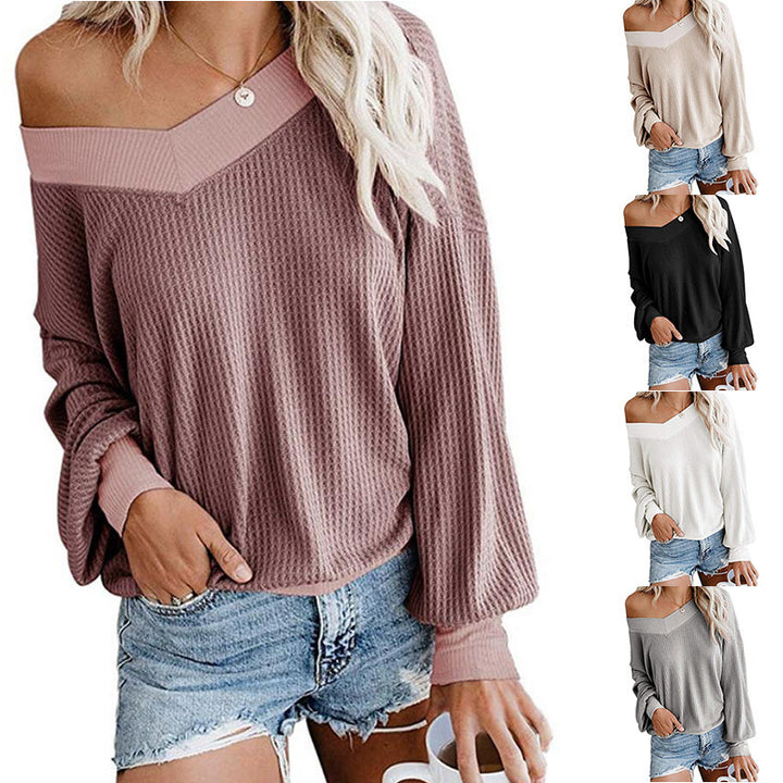 Women's Loose Waffle Knit Sweater with Asymmetrical Off-the-Shoulder Neckline and Balloon Sleeves Mune Fashion