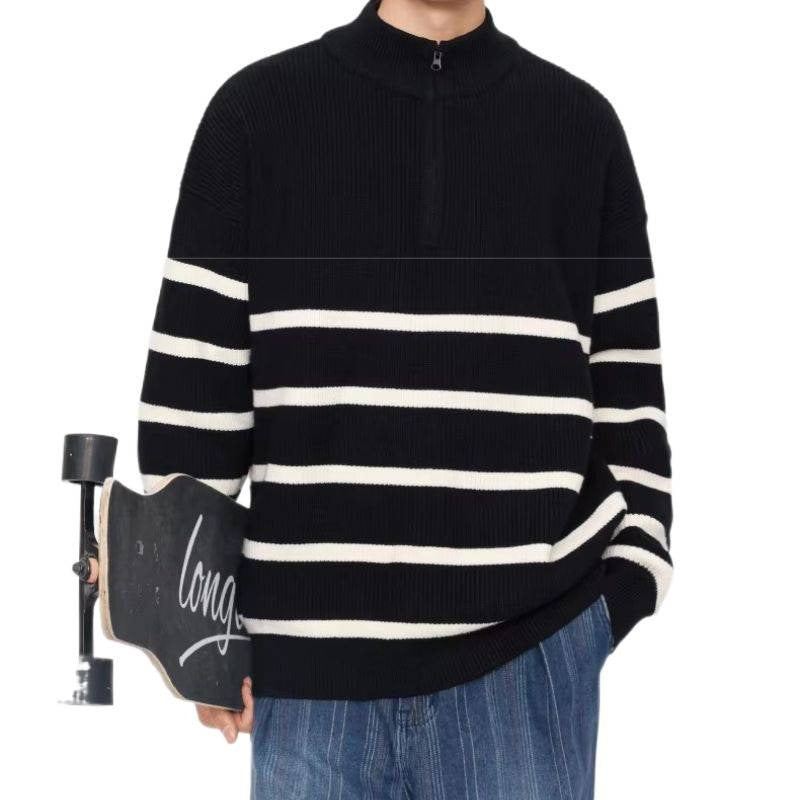 Unisex Oversize Sweater with half zipper, maritime contrast stripes and structured ribbed look Mune Fashion