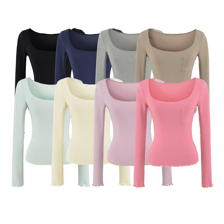 Women's fitted ribbed long-sleeve shirt with wide square neckline and chest pocket Mune Fashion