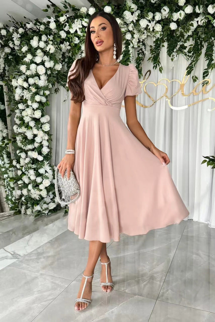 Women's A-line dress with puff sleeves and narrow V-neck Mune Fashion
