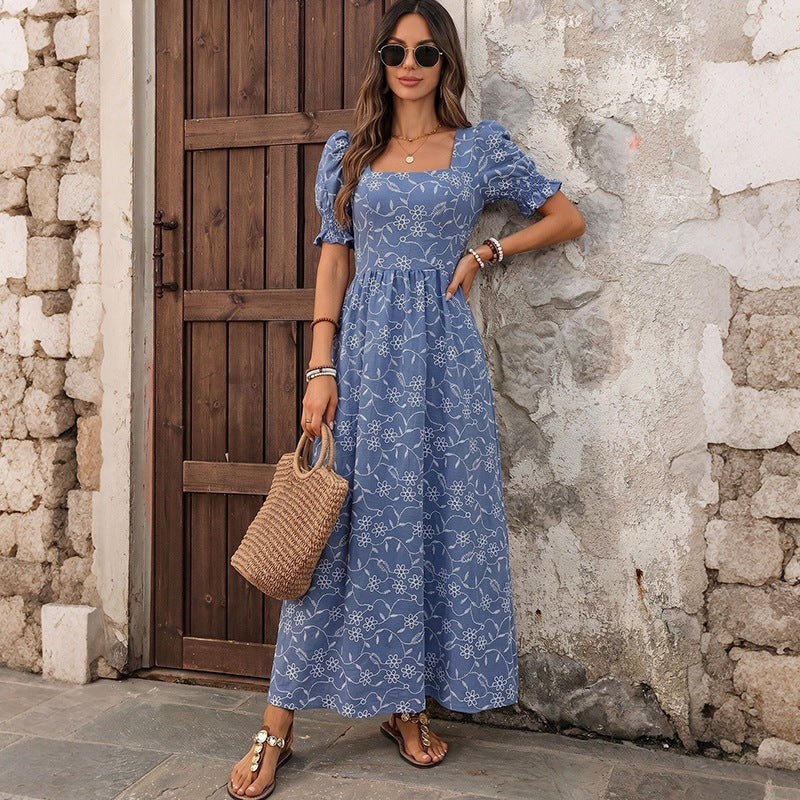 Women's Long Light Summer Maxi Dress with Square Neckline, Puff Sleeves and Floral Embroidery Look Mune Fashion