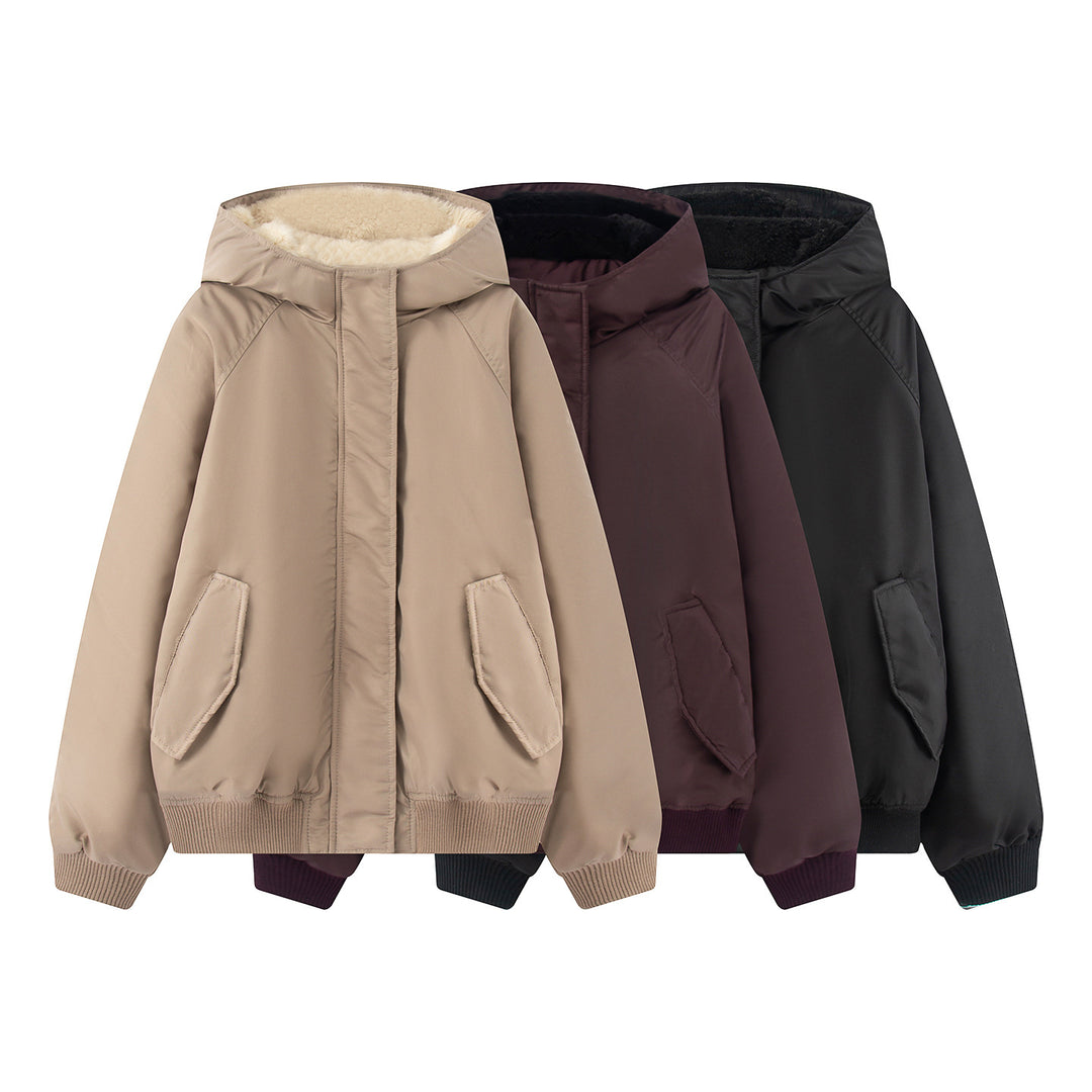 Women's non-padded hooded jacket with teddy lining, concealed zipper and ribbed cuffs Mune Fashion