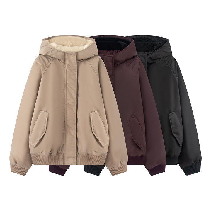 Women's non-padded hooded jacket with teddy lining, concealed zipper and ribbed cuffs Mune Fashion