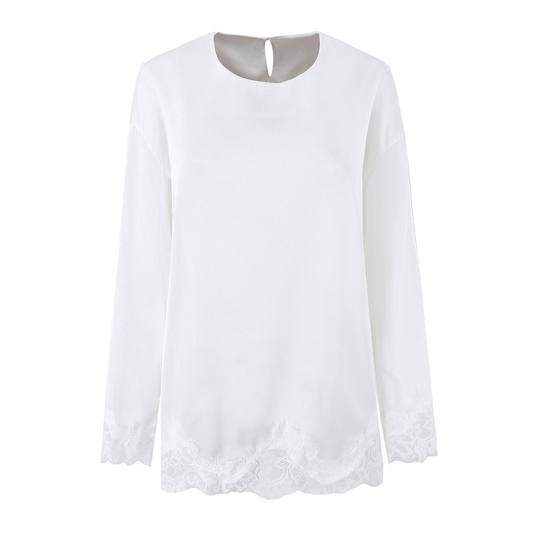 Ladies Elegant Loose Long Sleeve Blouse with Lace Trim at the Hem and Sleeves Mune Fashion