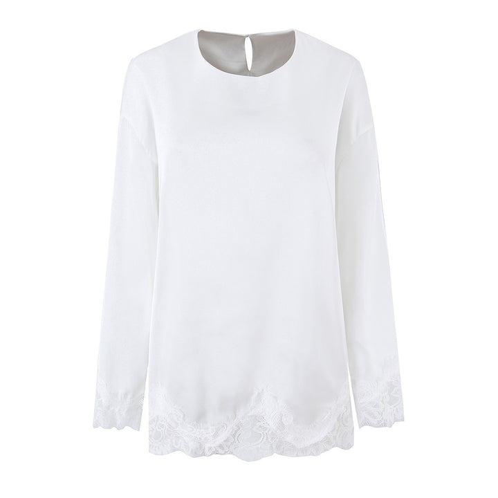 Ladies Elegant Loose Long Sleeve Blouse with Lace Trim at the Hem and Sleeves Mune Fashion