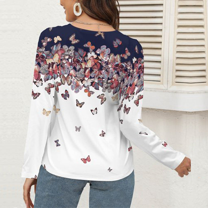 Women Long Sleeve Blouse with Crocheted V-Neck, Butterfly Print & Lightweight Fall Mune Fashion