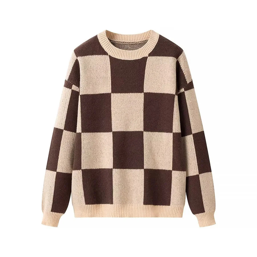 Ladies oversized knitted sweater with checkerboard pattern, ribbed hem and round neck Mune Fashion