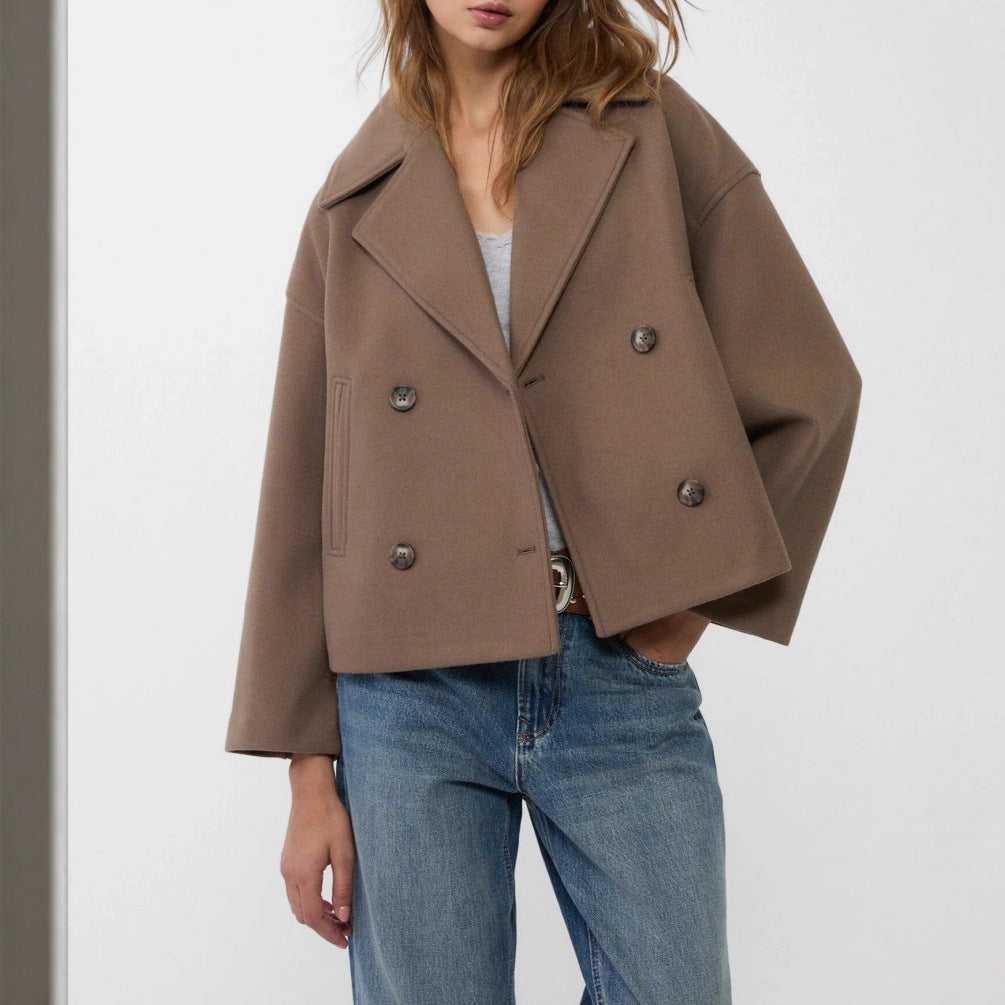 Women’s short cut double-breasted wool blend peacoat with wide lapels and boxy silhouette Mune Fashion