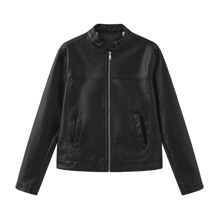 Men's nan minimalist faux leather jacket with stand-up collar, metal zipper, and integrated side pockets Mune Fashion