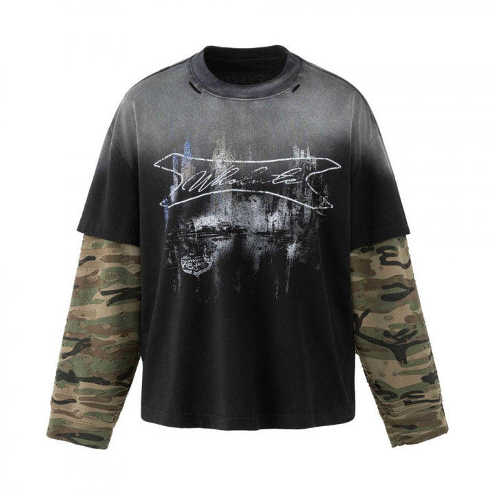 Unisex Oversize Layering Shirt with camouflage sleeves, vintage graphic and destroy details Mune Fashion