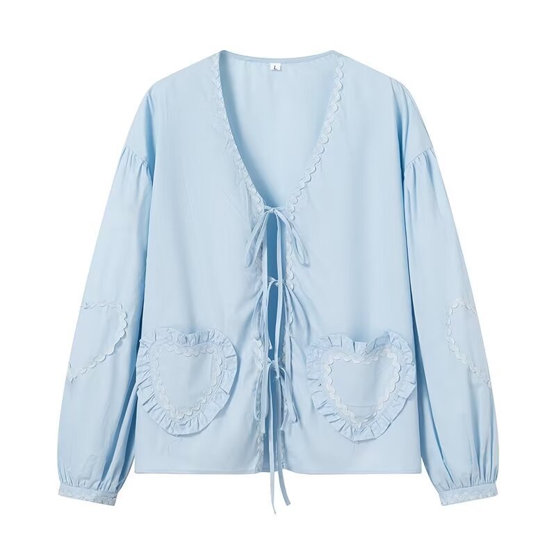 Women's Long-Sleeved V-Neck Blouse with Ties and Heart Ruffle Pockets Mune Fashion