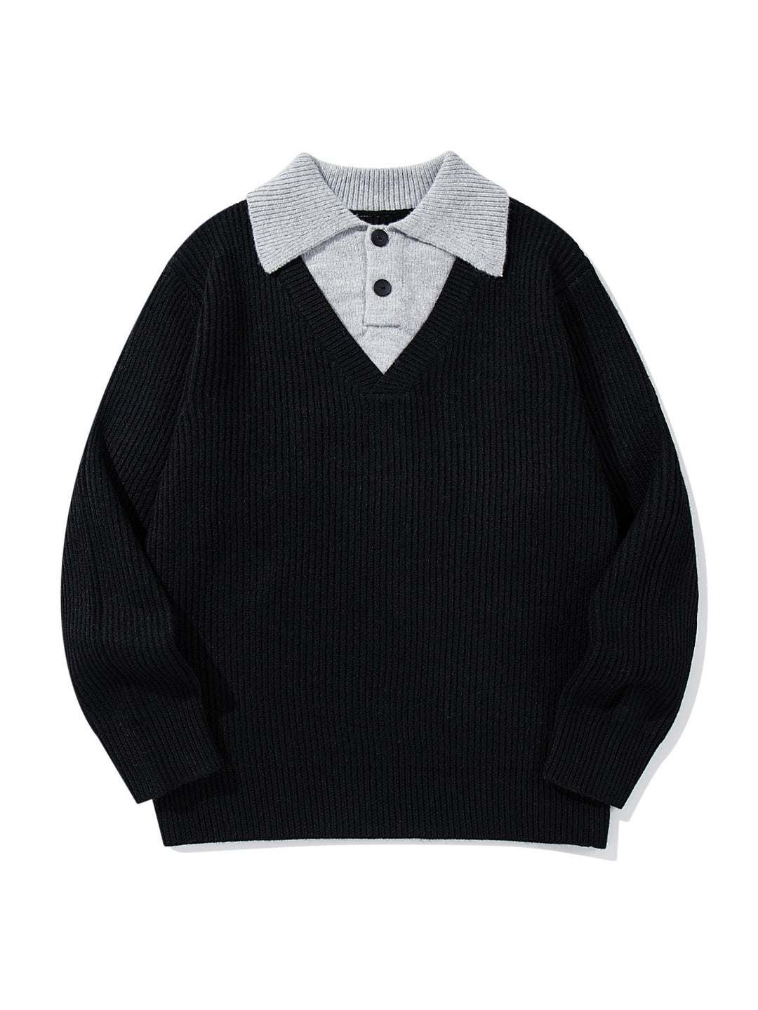 Men's Ribbed Knit Sweater with Polo Collar Insert and Deep V-Neck Mune Fashion
