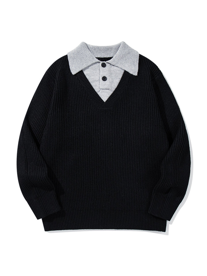Men's Ribbed Knit Sweater with Polo Collar Insert and Deep V-Neck Mune Fashion