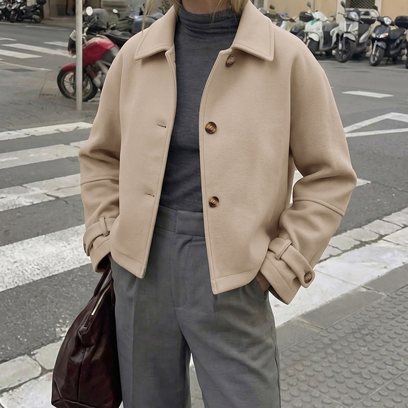 Women Short Cut Wool Blend Boxy Coat with Shirt Collar and Adjustable Cuffs Mune Fashion