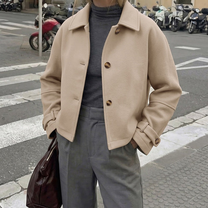 Women Short Cut Wool Blend Boxy Coat with Shirt Collar and Adjustable Cuffs Mune Fashion