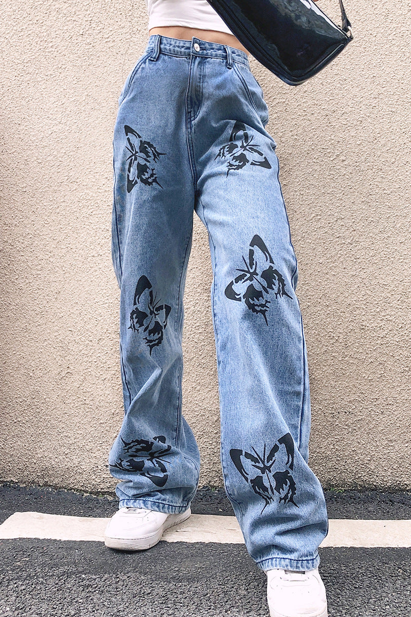 Ladies wide High-Waist jeans with Gothic butterfly print and relaxed straight-leg Mune Fashion