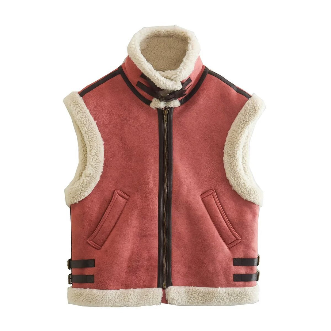Women's padded lambskin look vest with stand-up collar, zipper and side buckle straps Mune Fashion