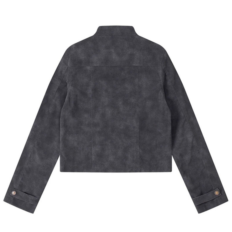 Women's short cut biker jacket in suede look with stand-up collar and chest zipper Mune Fashion