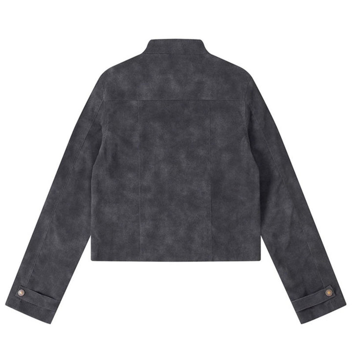 Women's short cut biker jacket in suede look with stand-up collar and chest zipper Mune Fashion