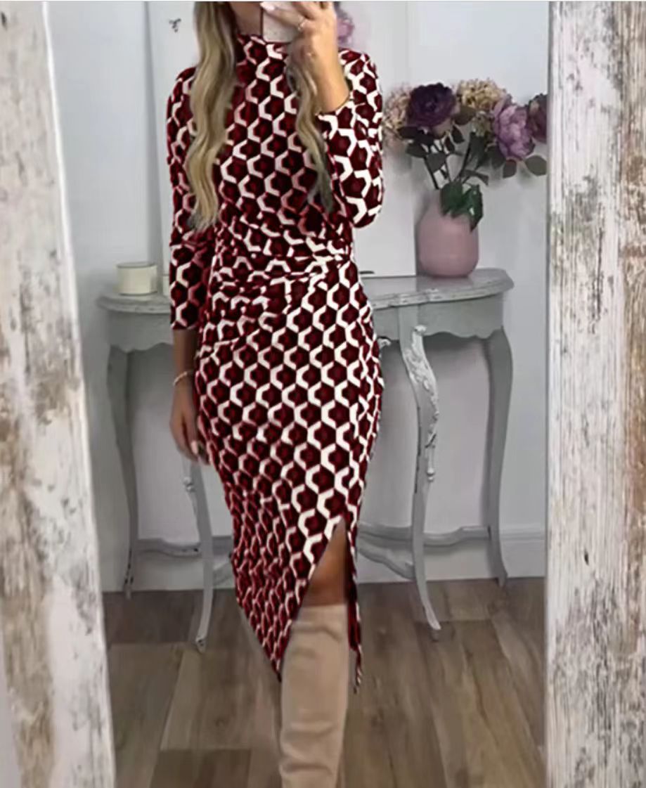 Women's narrow cut midi dress with geometric print, gathered waist and asymmetric slit Mune Fashion