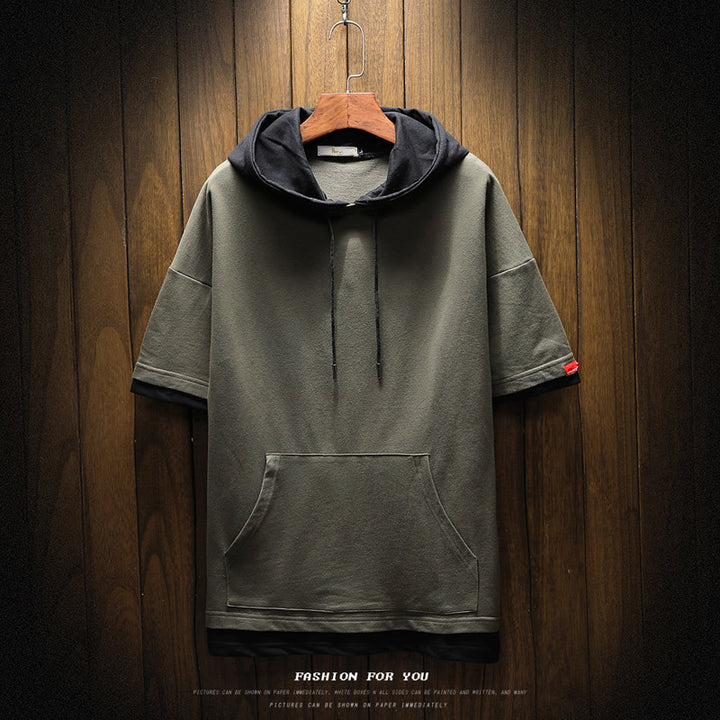 Men's short-sleeved hoodie T-shirt with kangaroo pocket and layered look Mune Fashion