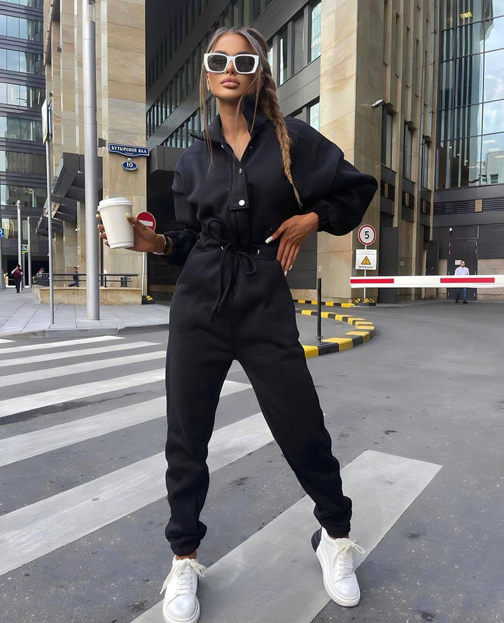 Women's fitted velour jumpsuit with drawstring stand-up collar and elastic cuffs Mune Fashion