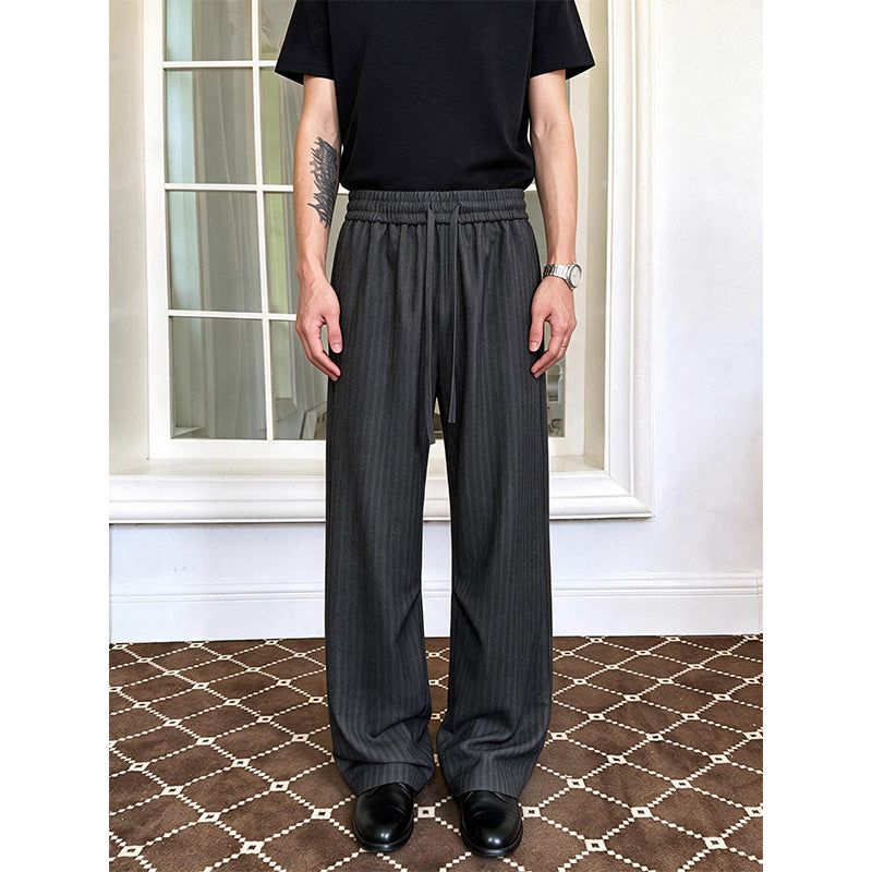 Men's Loose-Fitting Pinstripe Pants with Elastic Waistband and Drawstring Mune Fashion