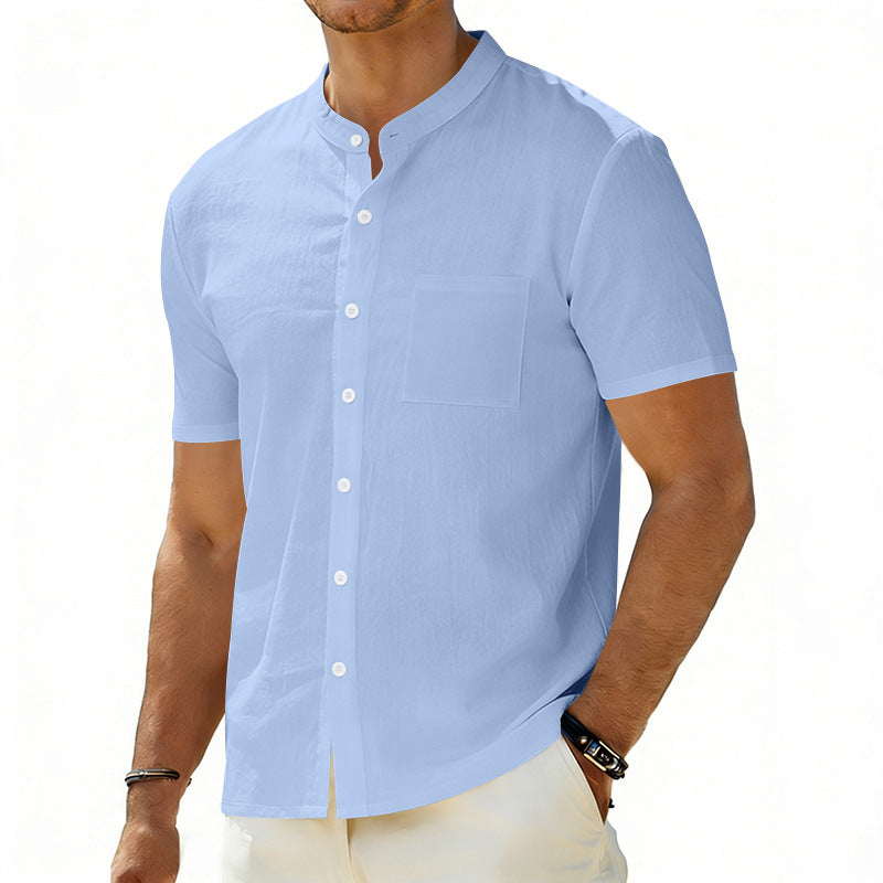 Men's short-sleeved linen shirt with stand-up collar and chest pocket Mune Fashion
