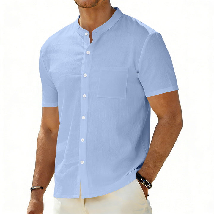 Men's short-sleeved linen shirt with stand-up collar and chest pocket Mune Fashion