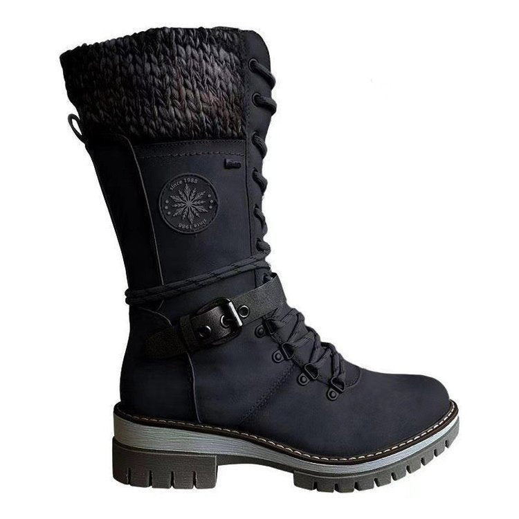 Women's knee-high lace-up boots with knit cuffs, sturdy tread sole, and side zipper Mune Fashion