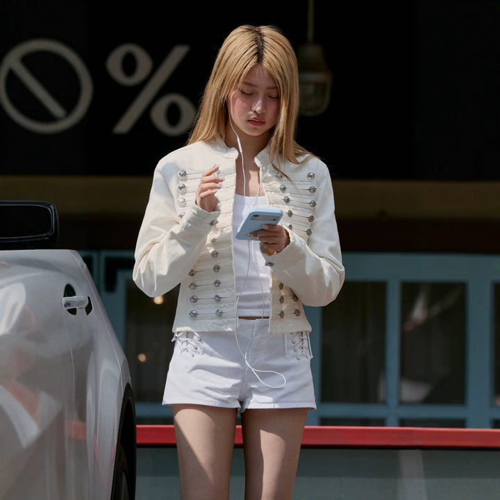 Ladies Cropped Military Jacket with Stand-up Collar and Decorative Button Placket Mune Fashion
