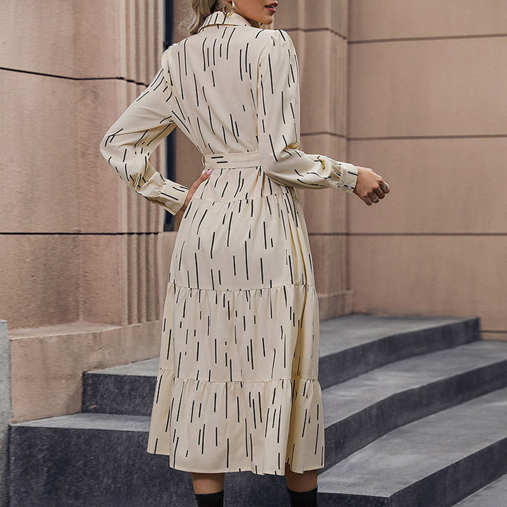 Women Long Sleeve Shirt Dress with Tiered Skirt, Waist Belt and Front Button Placket Mune Fashion