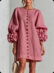 Women’s Short-Cut Linen Dress with 3D Flower Sleeves and Center Button Placket Mune Fashion