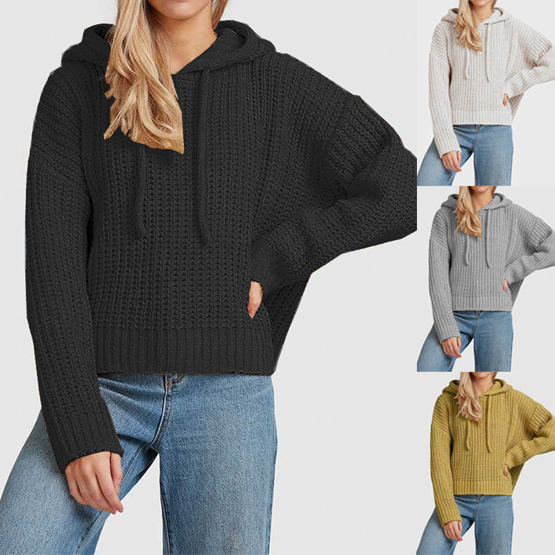 Women's chunky knit hoodie with waffle texture, dropped shoulder and short hem Mune Fashion