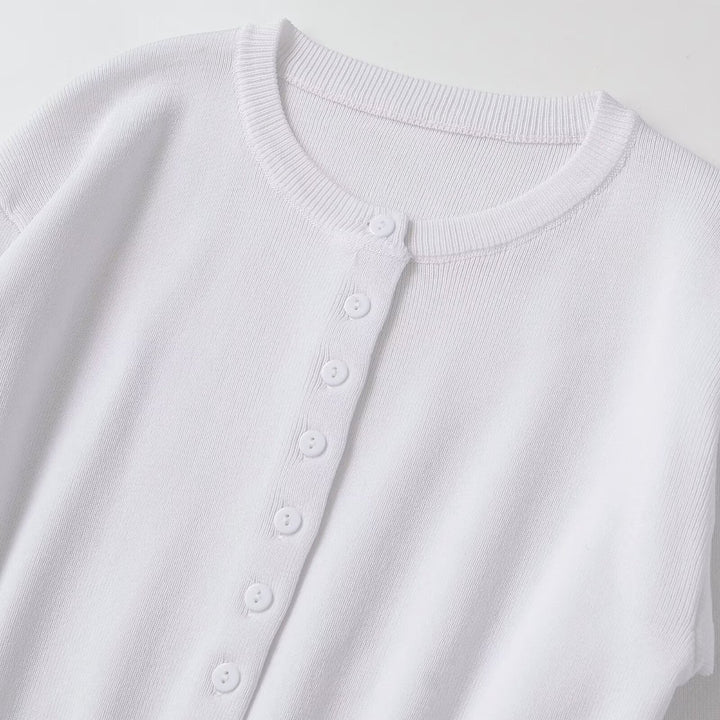 Women's Short Fine Knit Cardigan with Tailored Ribbed Waistband and Continuous Button Placket Mune Fashion