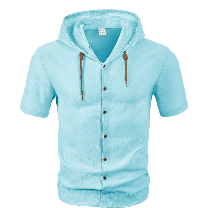 Men's short-sleeve hooded shirt with natural fiber texture, button-up front, and drawstring Mune Fashion