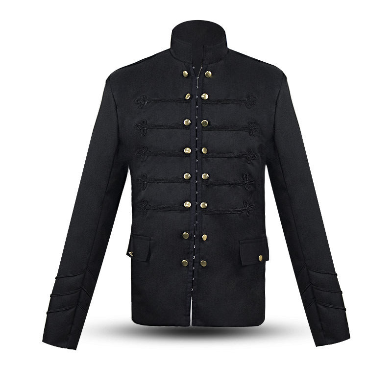 Men's long coat with double-layer shoulder cape, concealed zipper inner lining, and adjustable cuffs