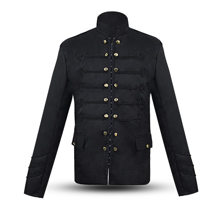 Men's long coat with double-layer shoulder cape, concealed zipper inner lining, and adjustable cuffs