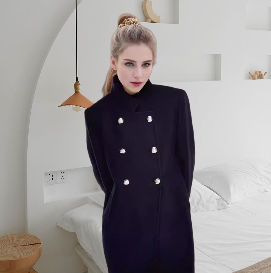 Women's Double-breasted Long Coat with Stand Collar and Decorative Buttons Mune Fashion