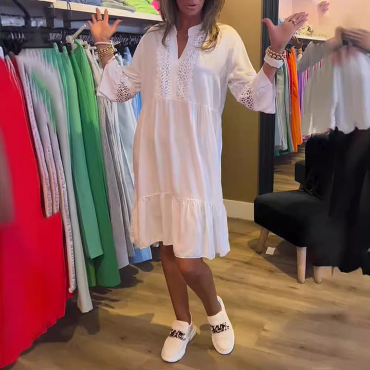 Women’s loose babydoll tunic dress with lace insert, V-neck, stand-up collar, and tiered ruffle Mune Fashion