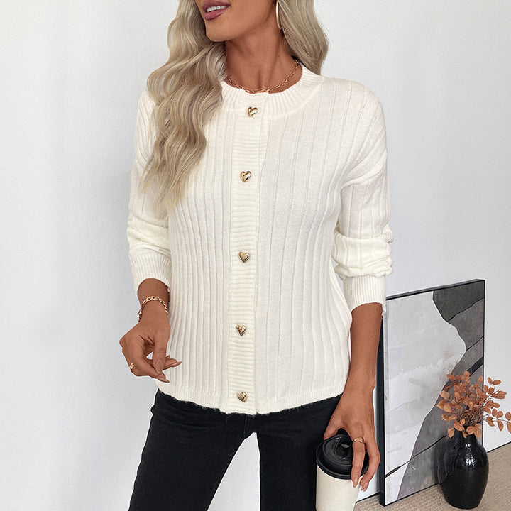 Women Ribbed Knit Cardigan with Heart Button Placket Mune Fashion
