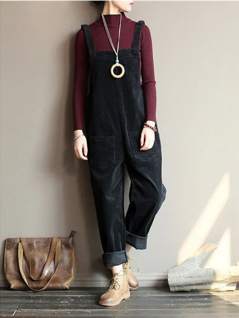 Women Corduroy Bib Pants Wide