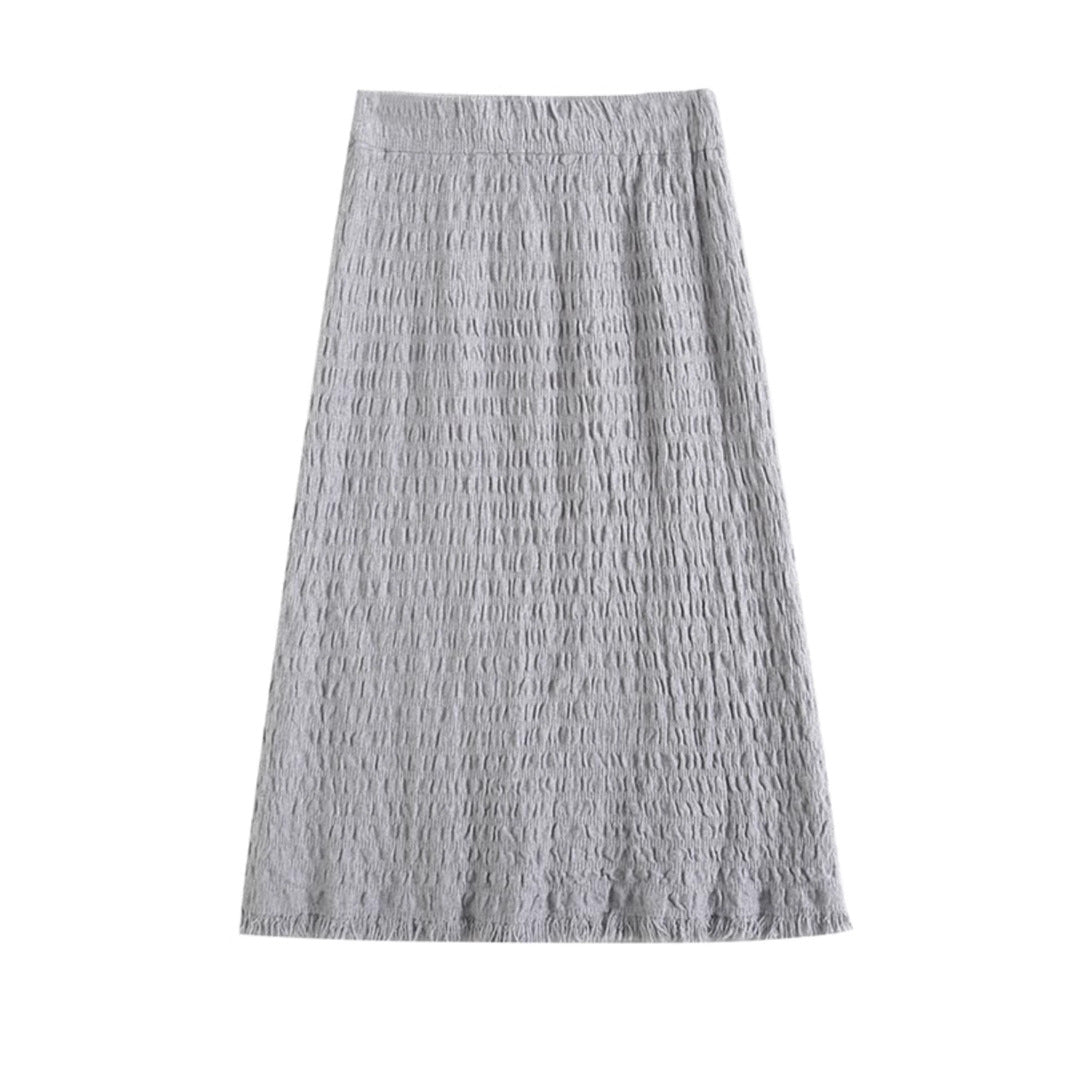 Women's Long Knit Skirt with Fringed Hem and Textured Design Mune Fashion