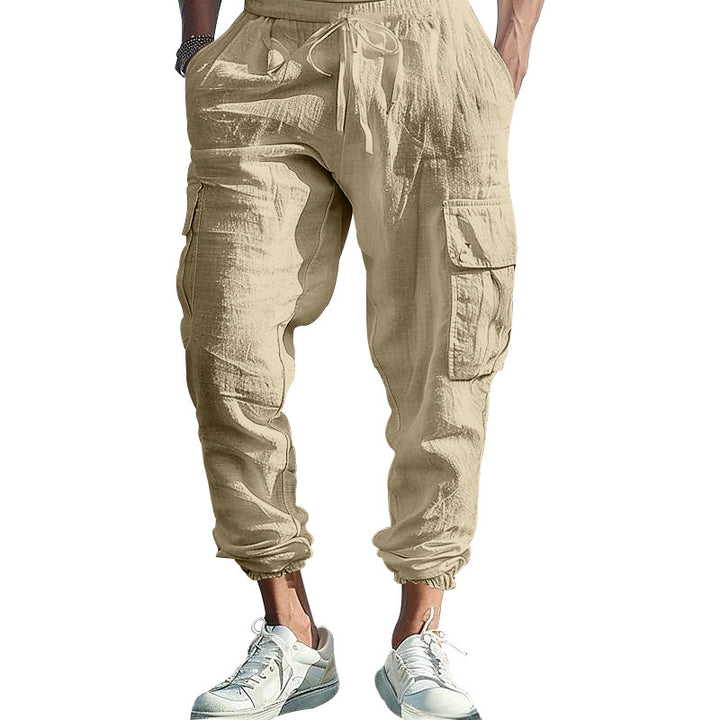 Men's Casual Linen Cargo Joggers with Drawstring Waist, Large Flap Pockets and Elastic Ankle Cuffs Mune Fashion