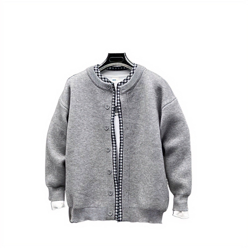 Unisex Casual Knit Jacket in Layering Look with Round Neck and Contrast Check Inner Layer Mune Fashion