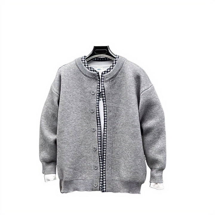 Unisex Casual Knit Jacket in Layering Look with Round Neck and Contrast Check Inner Layer Mune Fashion